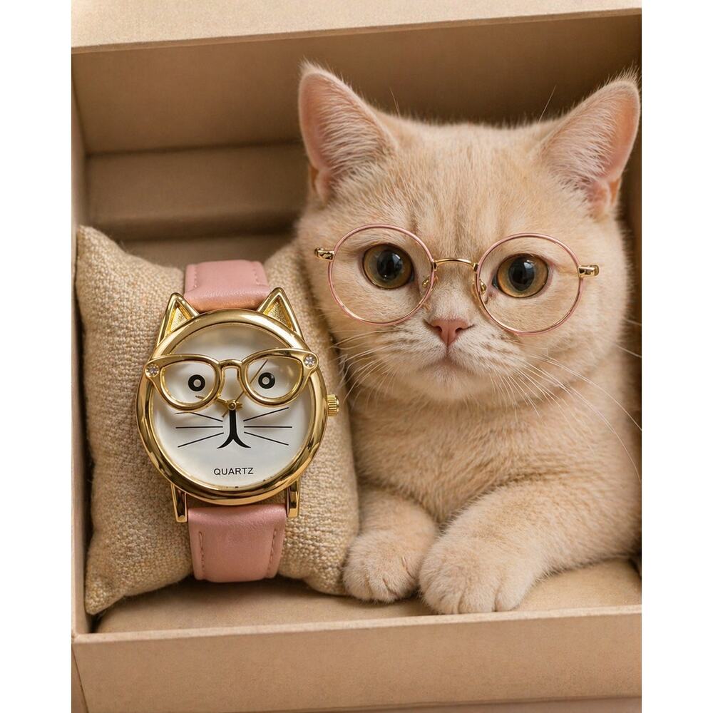 Cat Face Watch Pink Band Gold Tone NWOB Cute Novelty Watch Nerdy Kitten